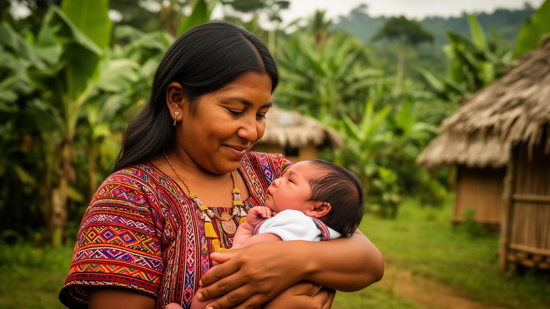 Una mamá sostiene a su bebé, rodeada de vegetación amazónica